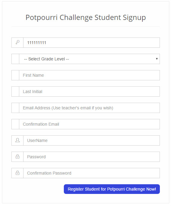 Quiz Bowl Challenge Student Signup Form
