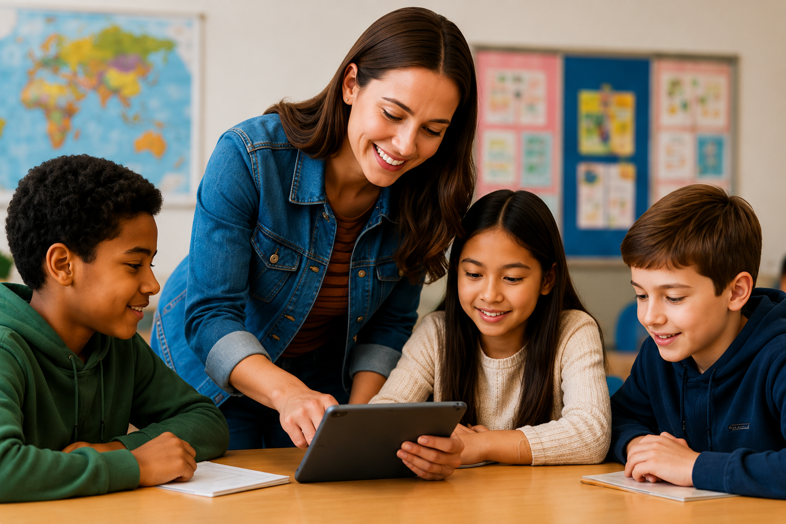 Teacher guiding students through NewzBrain on a tablet in the classroom.