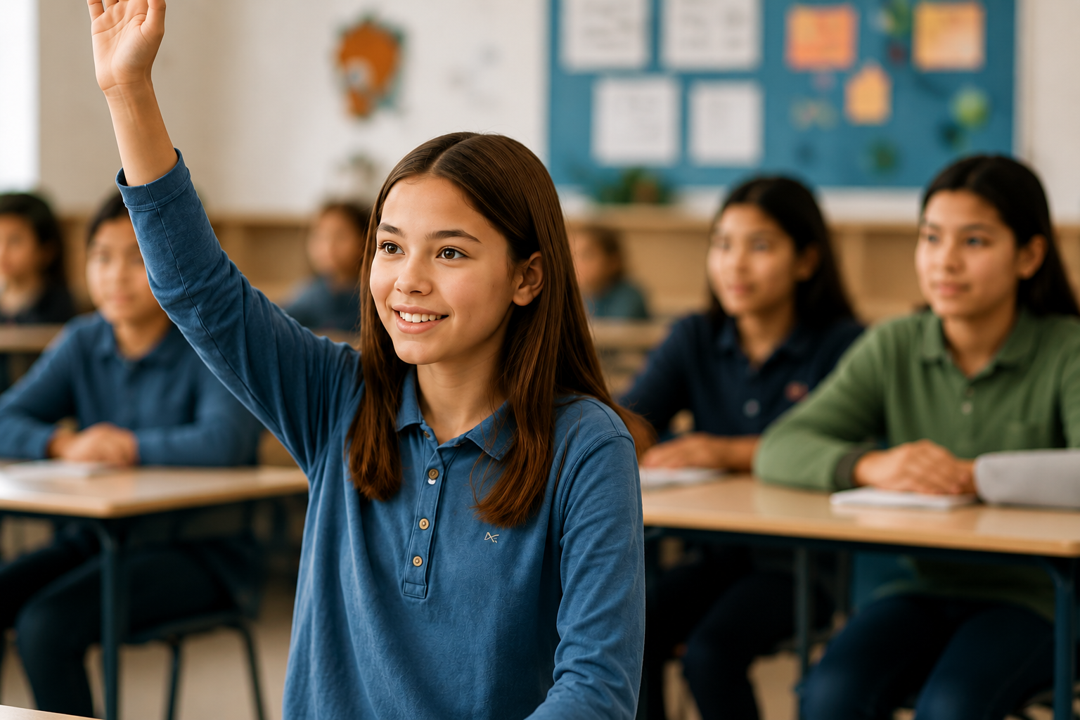 Student raising her hand during a classroom current events warm-up