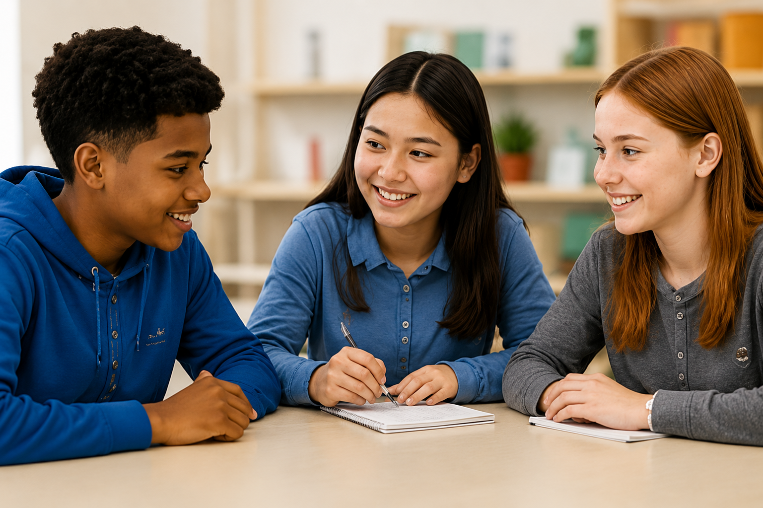 Students collaborating together at a table during discussion-based classroom work