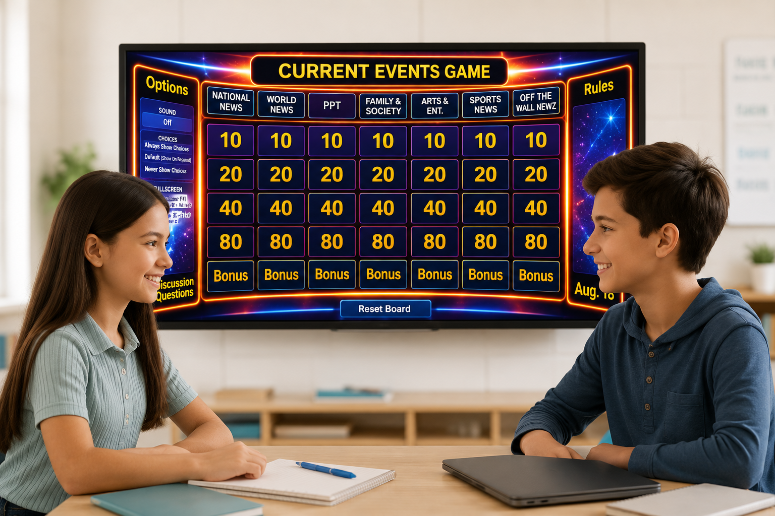 Two students talking in front of the NewzBrain current events board during classroom game play