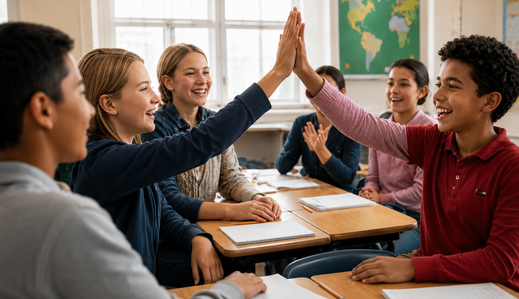 Students high-fiving in class after a current events activity