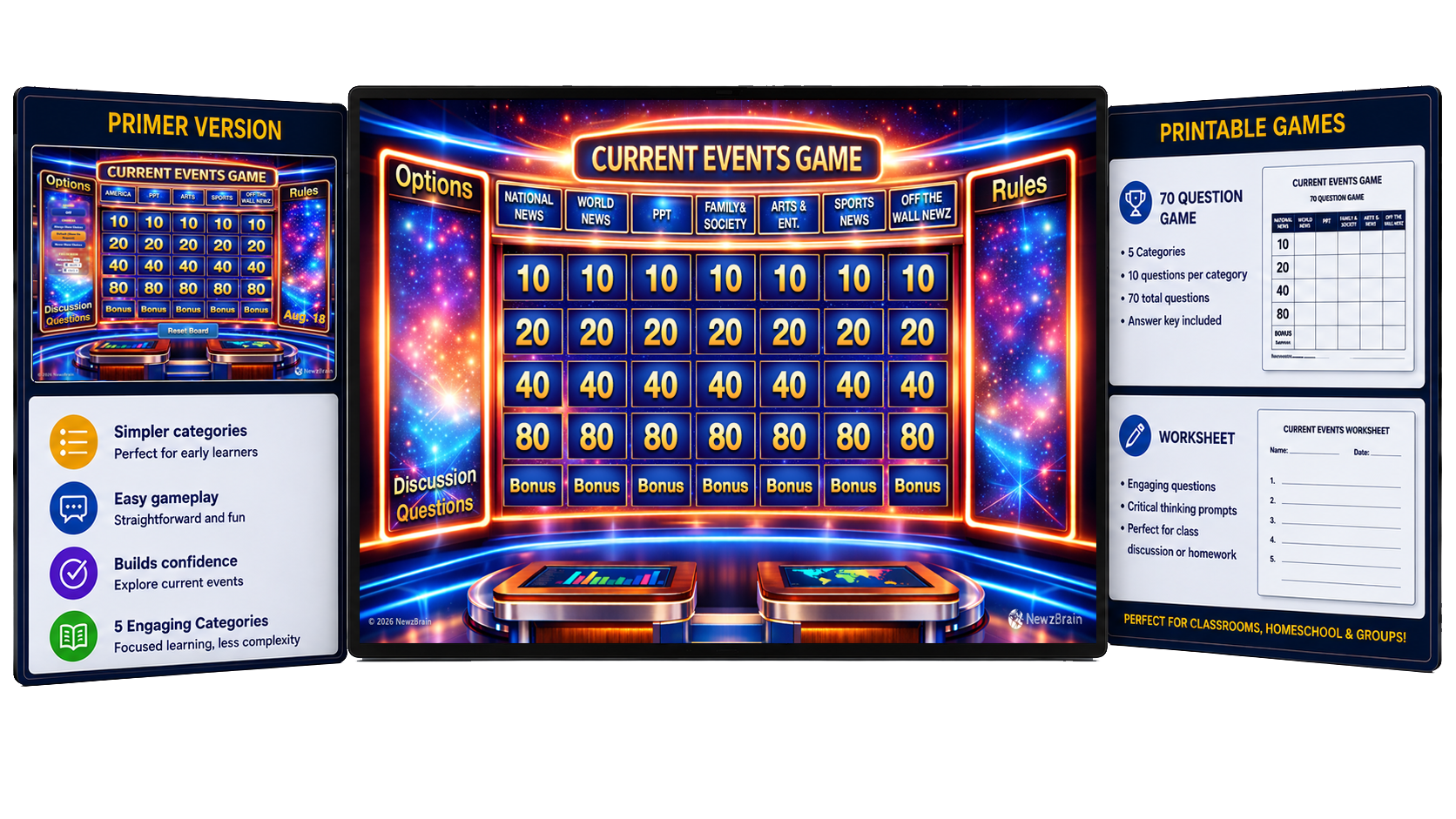 NewzBrain current events game with primer version and printable classroom materials