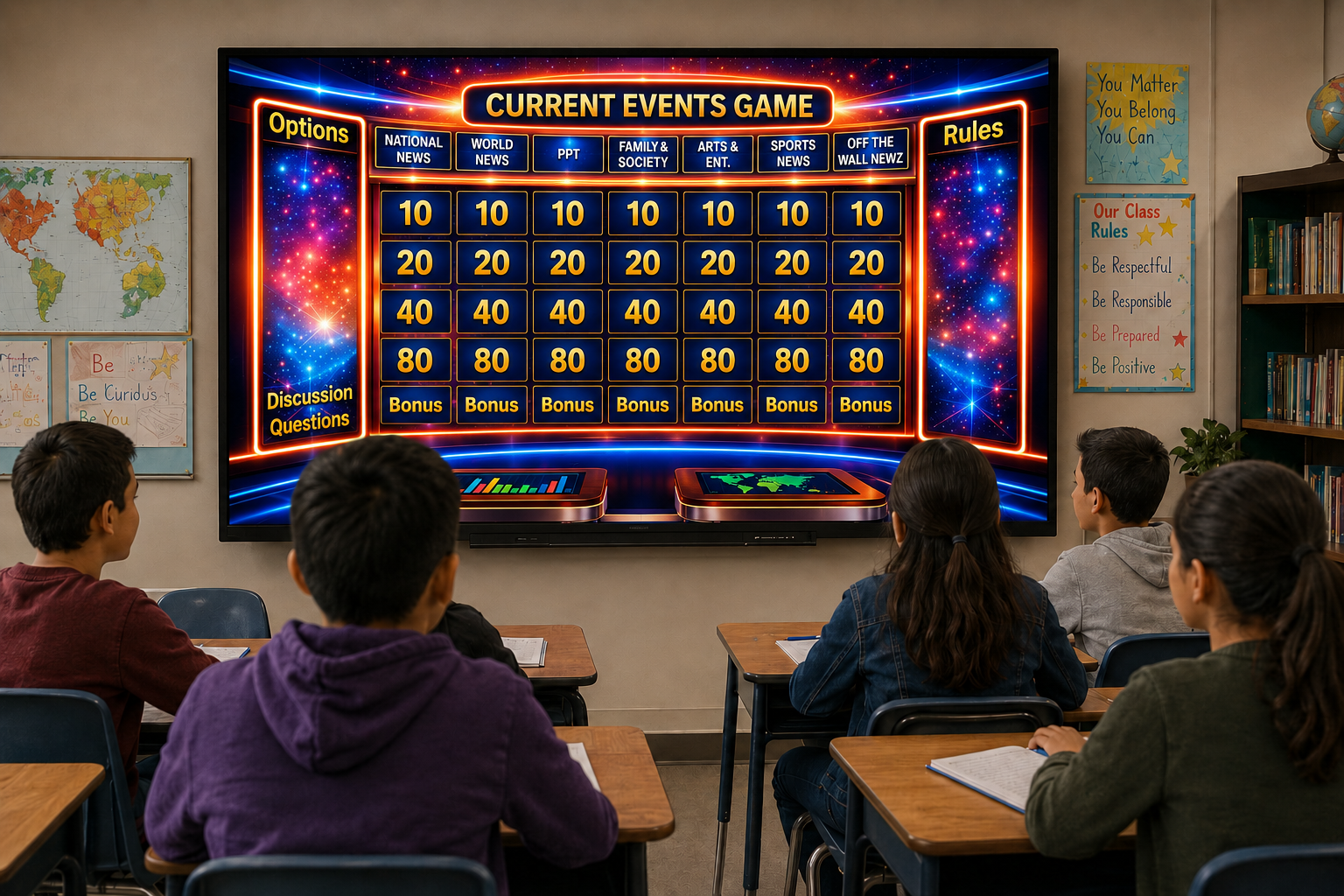 Students viewing the NewzBrain current events game on a classroom screen