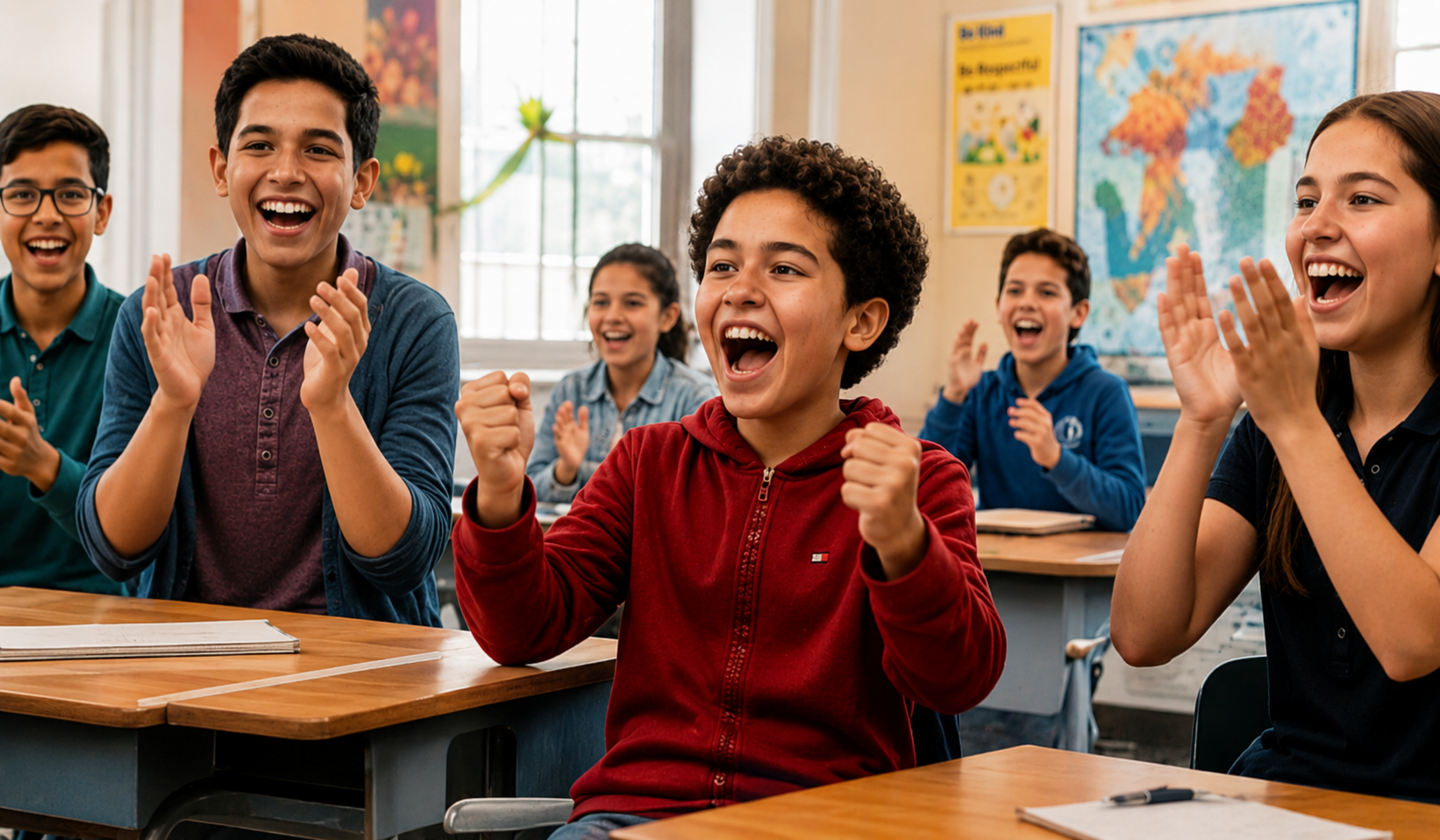 Students cheering during classroom gameplay